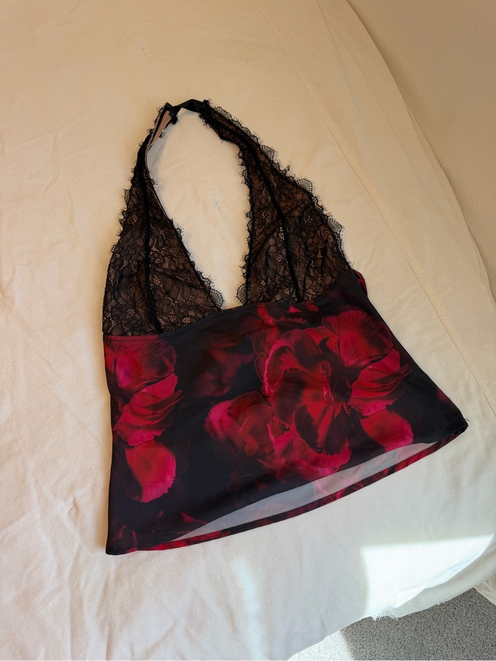 White Fox Boutique Black Lace Halter Cami with Red Floral Print